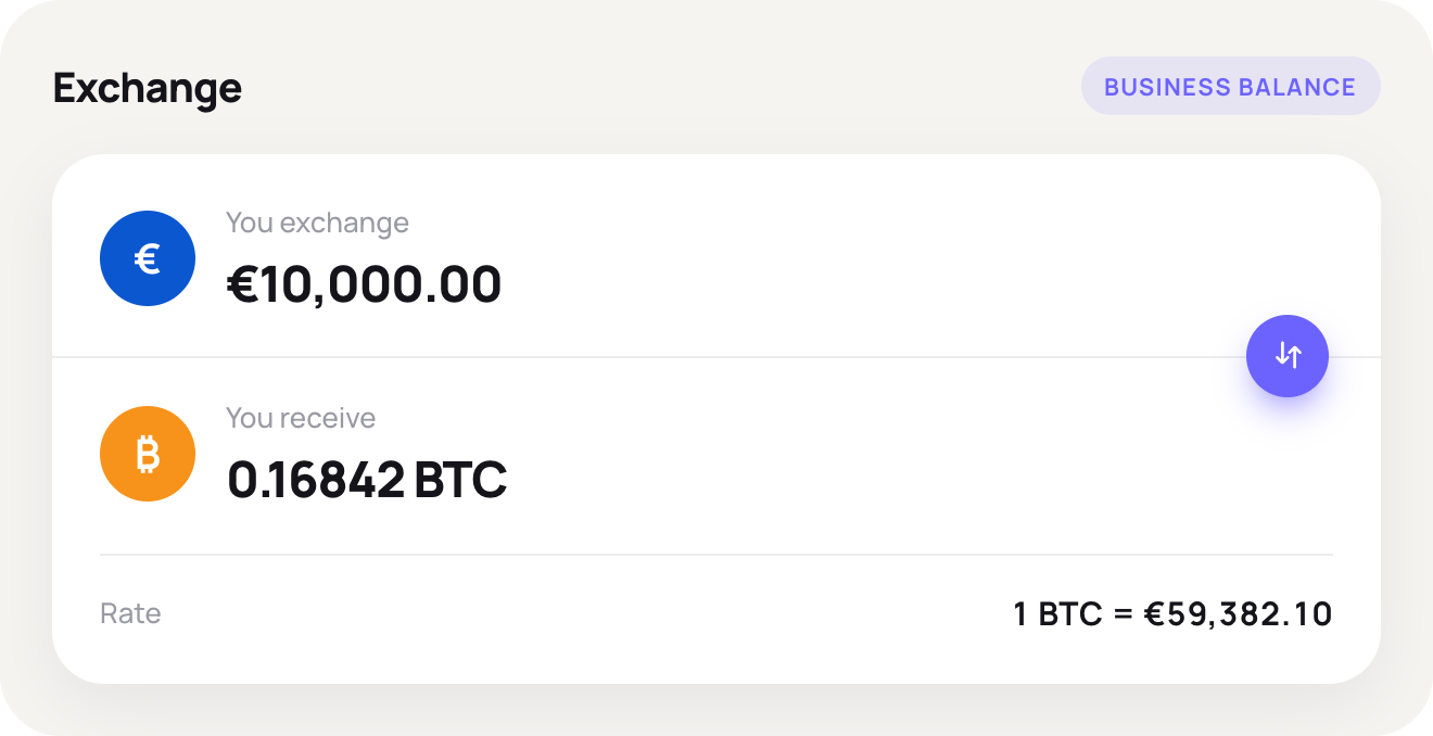 Exchange in Quppy: converting a EUR business balance into a supported digital asset